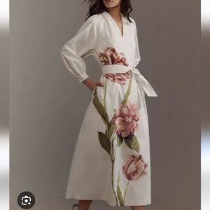 Anthropologie XS White Floral Belted Midi Dress NWT NEW